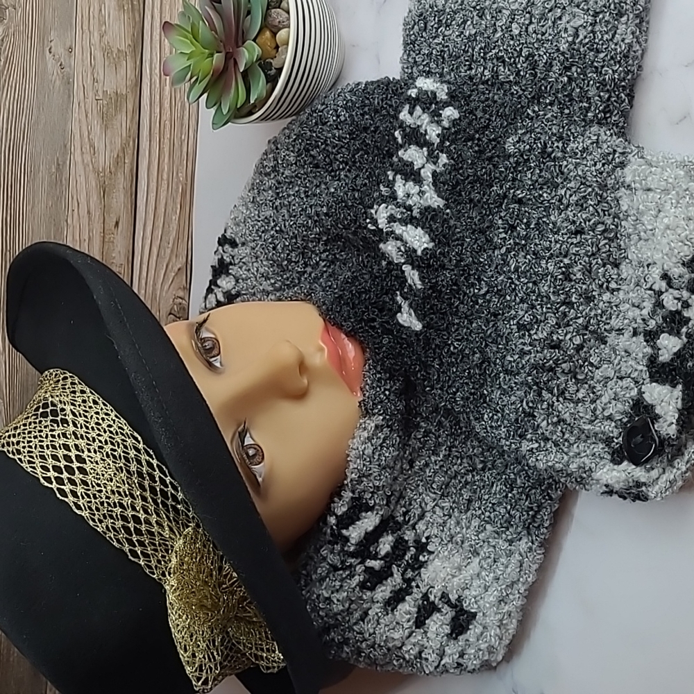 NEW HAND CROCHETED BLACK WHITE GRAY LONG NECK SCARF - Picture 1 of 5
